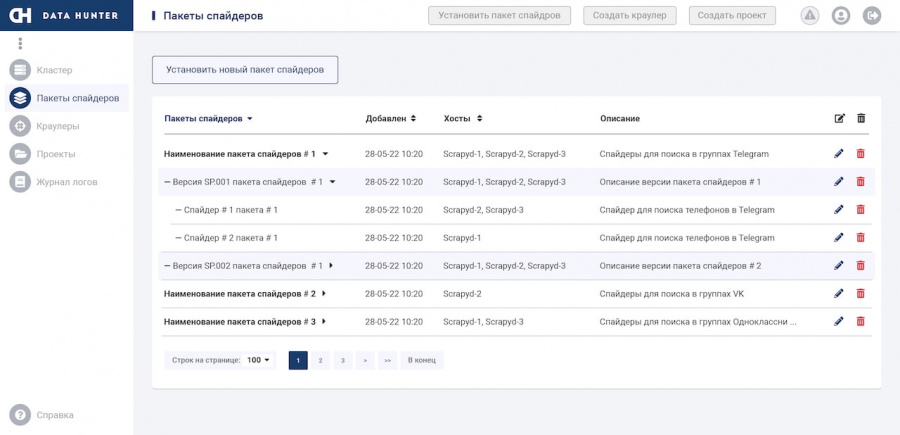 Интерфейс администратора - Пакеты спайдеров